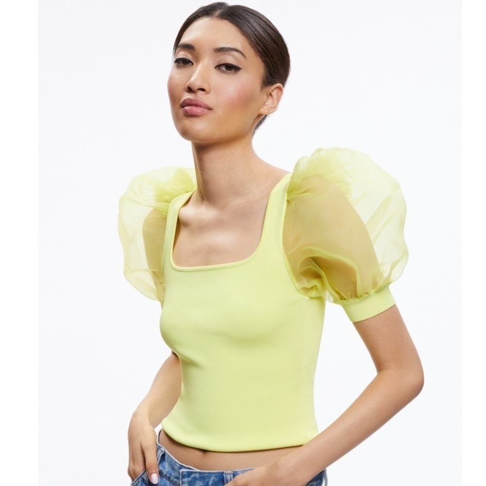 Alice + Olivia Abella Puff Sleeve Rib Knit Lemon Neon Green Yellow Top Small